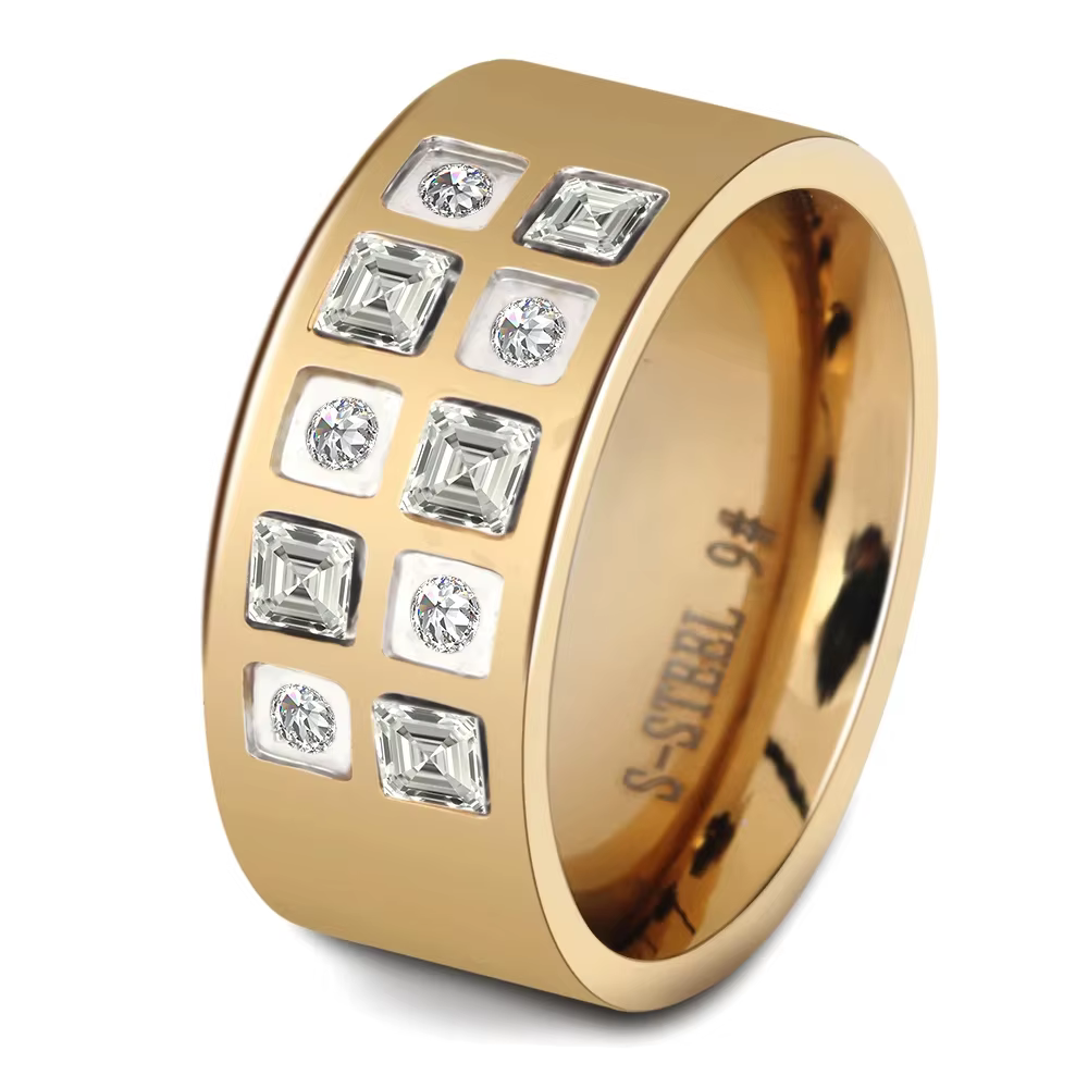 Bague de mariage en or jaune pour femmes, anneau en acier inoxydable poli de 10mm avec pierres de Zi