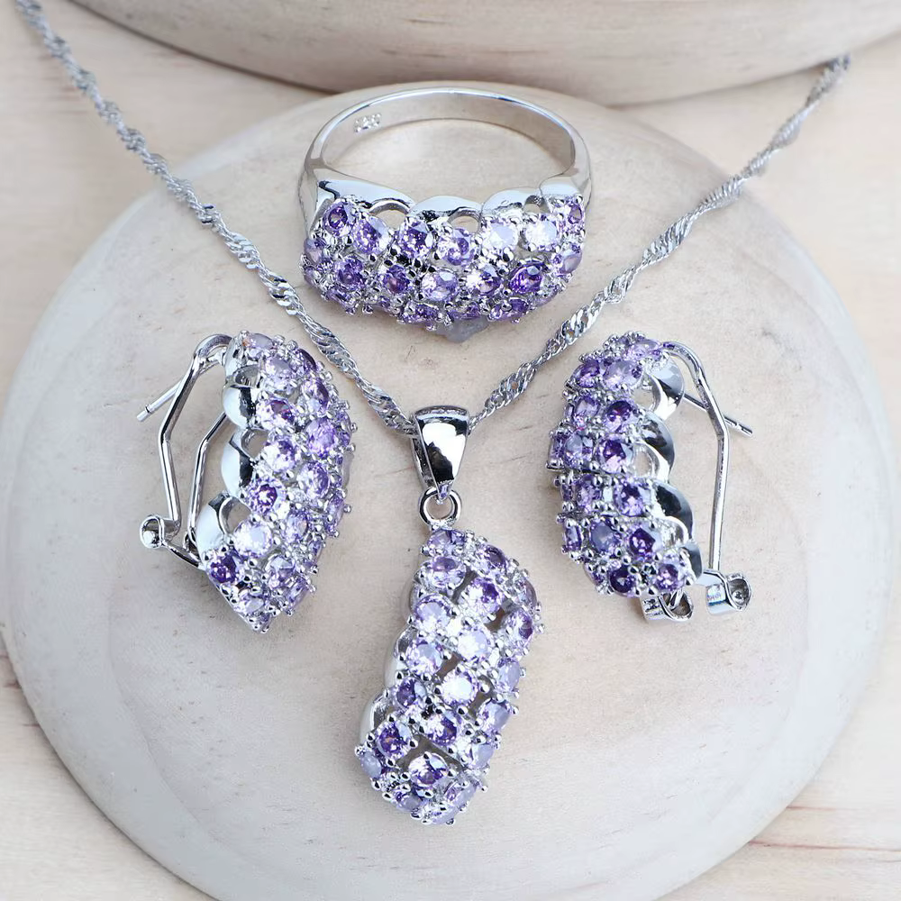 Ensemble de bijoux de mariée en argent 925, zircon violet, bijoux fins de Costume, bijoux de mariage