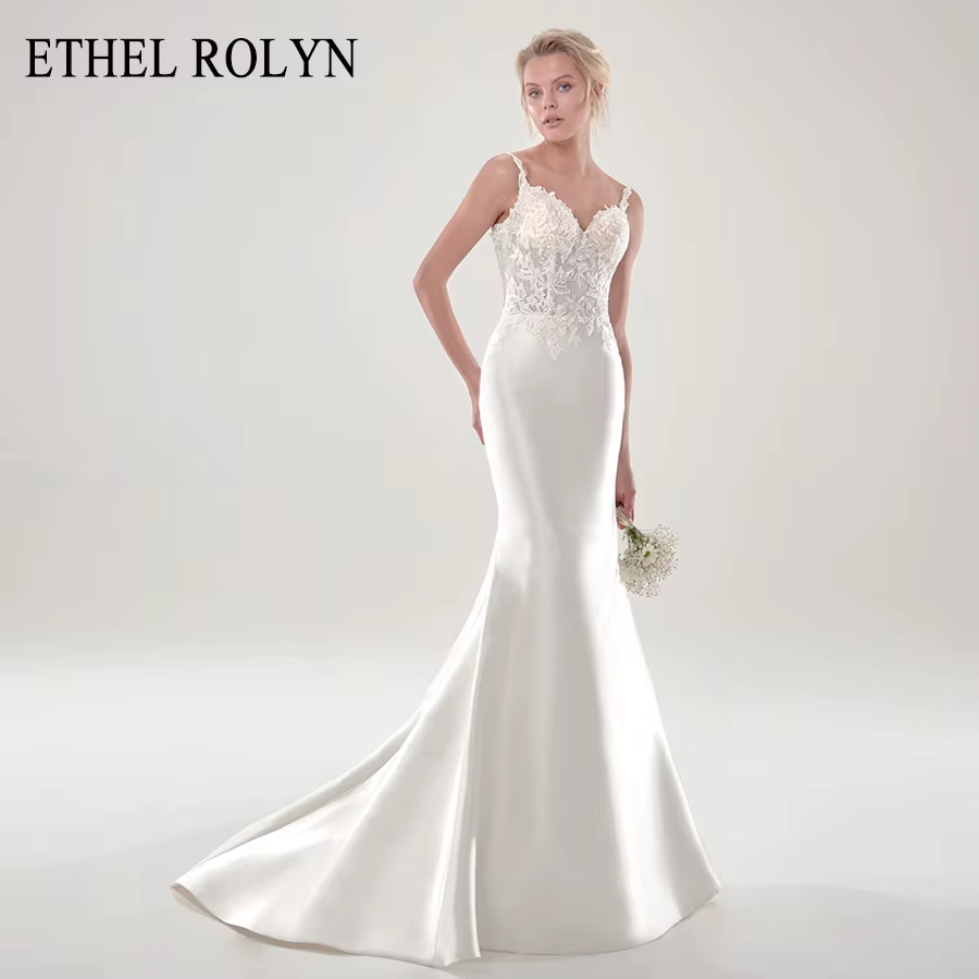ETHEL ROLYN Robe De mariée sirène Satin dentelle Appliques bretelles Spaghetti dos nu avec veste rob