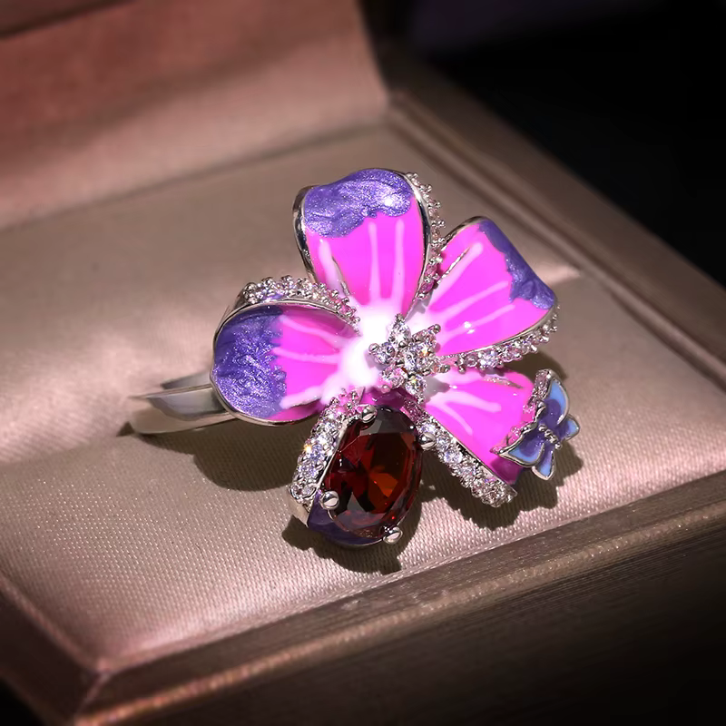 Bague de mariage en argent 925, exquise, fleur et papillon violets, bijoux faits à la main en émail,