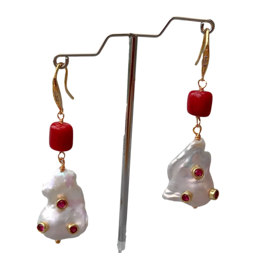 Boucles d'oreilles en perles de corail rouge pour femmes, bijoux en zircon cubique, de culture d'eau