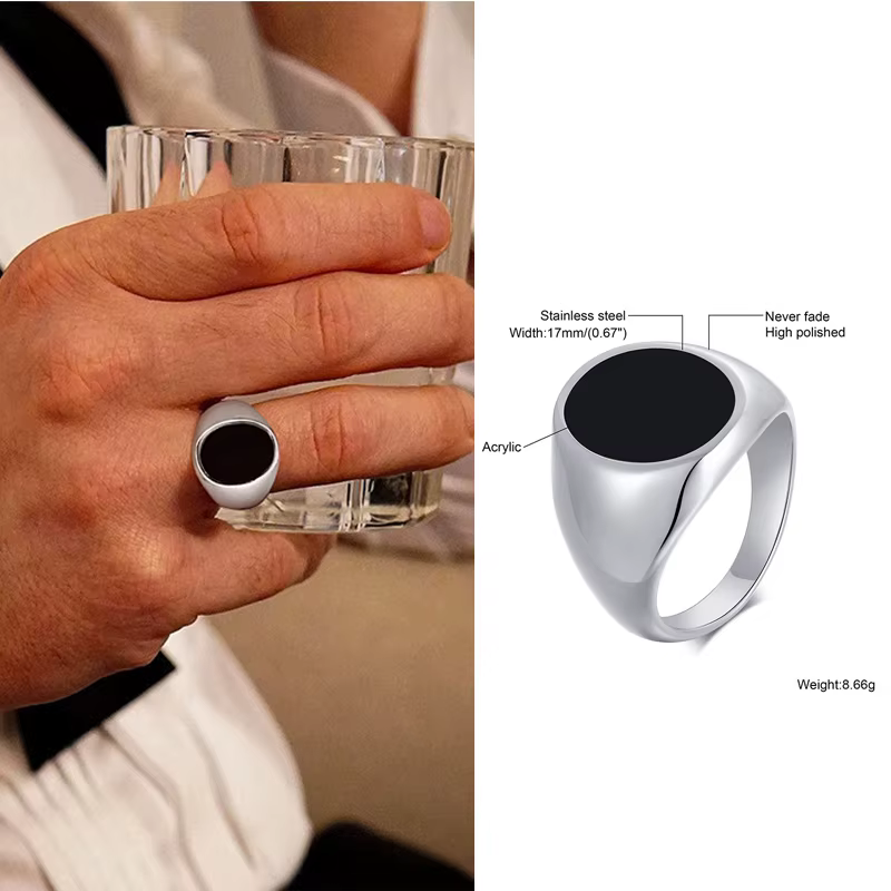 Bague chevalière ovale noire pour hommes, moderne, côtés unis, en acier inoxydable, Streetwear, Expr