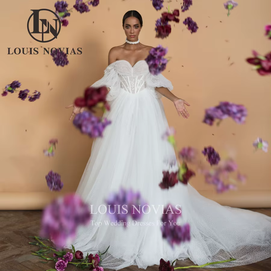 Modiis-Robes de mariée A-Line pour femmes, manches bouffantes chérie sexy, pois, volants, fleurs, do