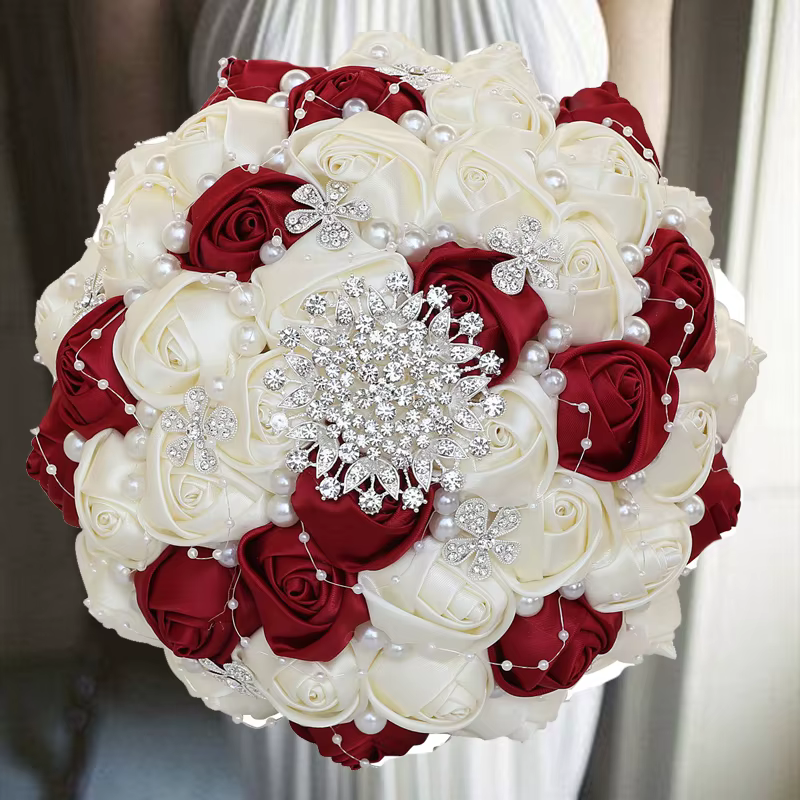 Bouquet de mariage rouge vin avec perle, 1 pièce/lot, pour fête de mariage