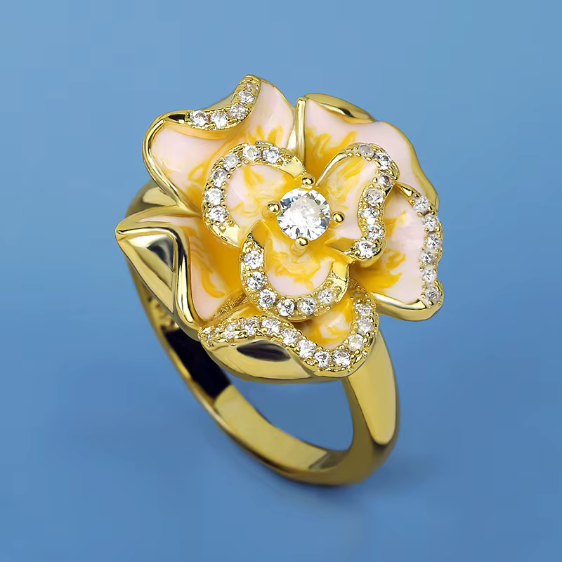 Bague classique en or 18 carats pour femmes, en émail, fleur dorée, en Zircon, à la mode, bijoux de 