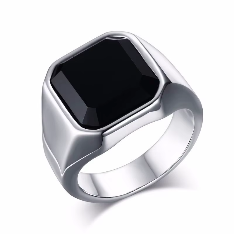 Bague homme cornaline noire chevalière anneaux acier inoxydable carré Pinky anneaux hommes richesse 