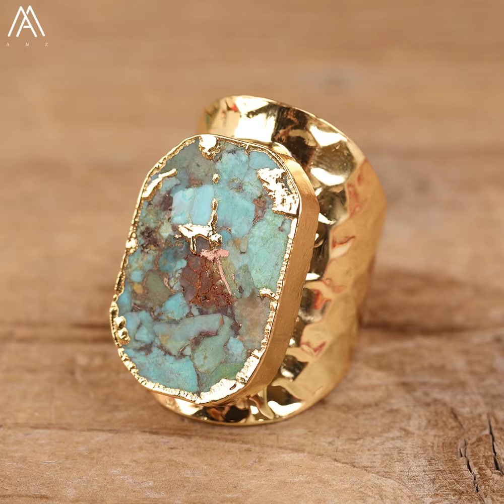 Bagues de luxe pour femmes, ligne dorée, turquoises, pierres précieuses élégantes, bague ajustable e