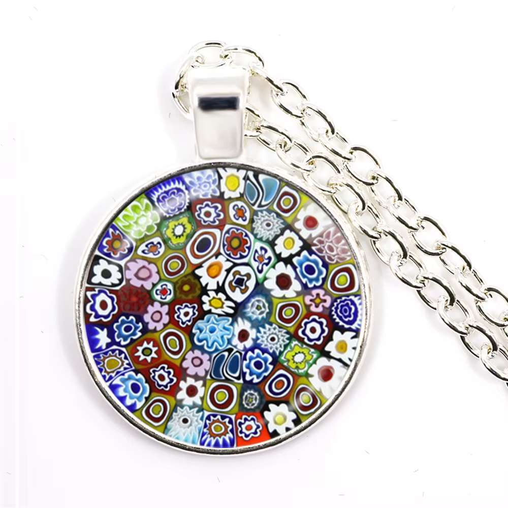 Murano Millefiori pendentif collier multicolore fleur 25mm verre Cabochon collier bijoux pour femmes