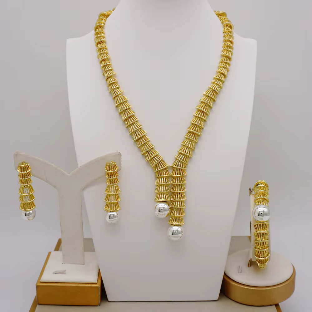 Parure de bijoux brésiliens couleur or, style Dubaï, pour femmes, collier, bracelet, boucles d'oreil