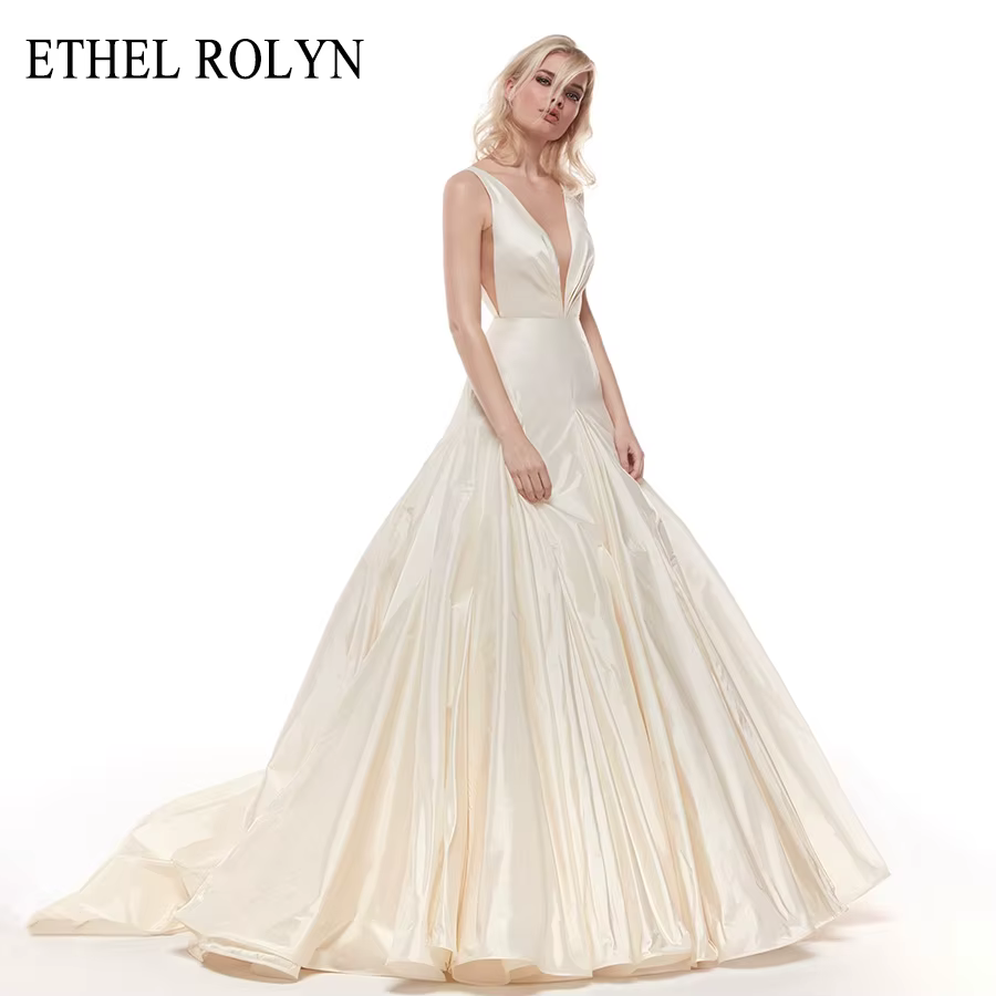 ETHEL ROCircN-Robe de Mariée en Satin, Champagne, Élégante, Sexy, Col en V, Froncée, A-ligne, pour P