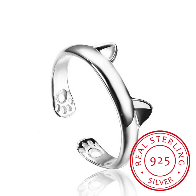 Bague ouverte réglable en argent regardé 925 pour femme, belle oreille de chat, bijoux fins, cadeaux