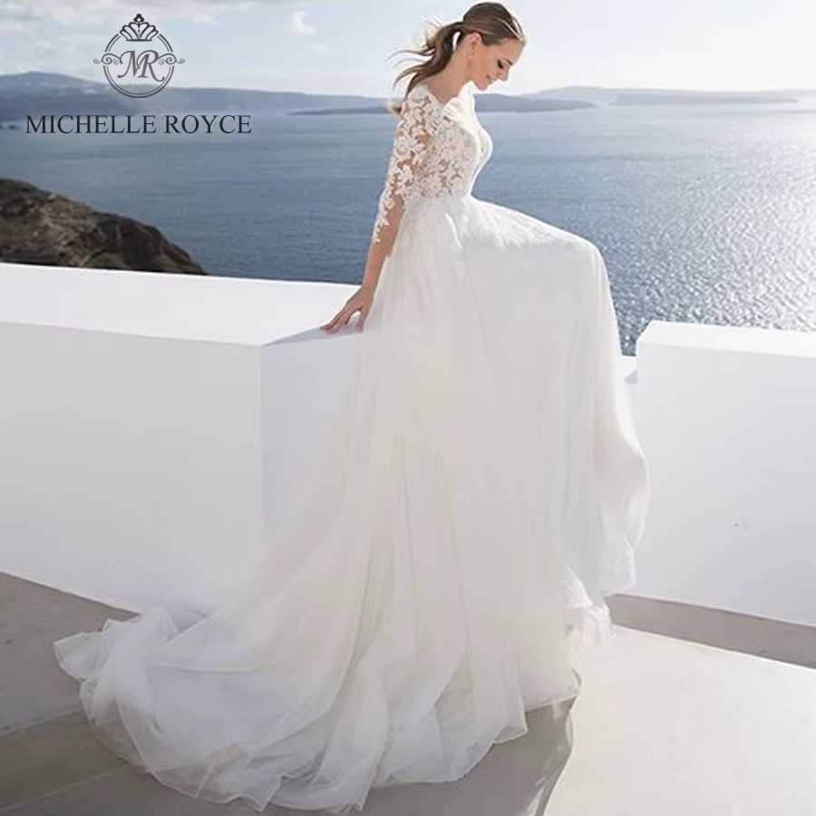 Michelle Royce a-ling robes De mariée Sexy col en v à manches longues Appliques bouton chapelle Trai