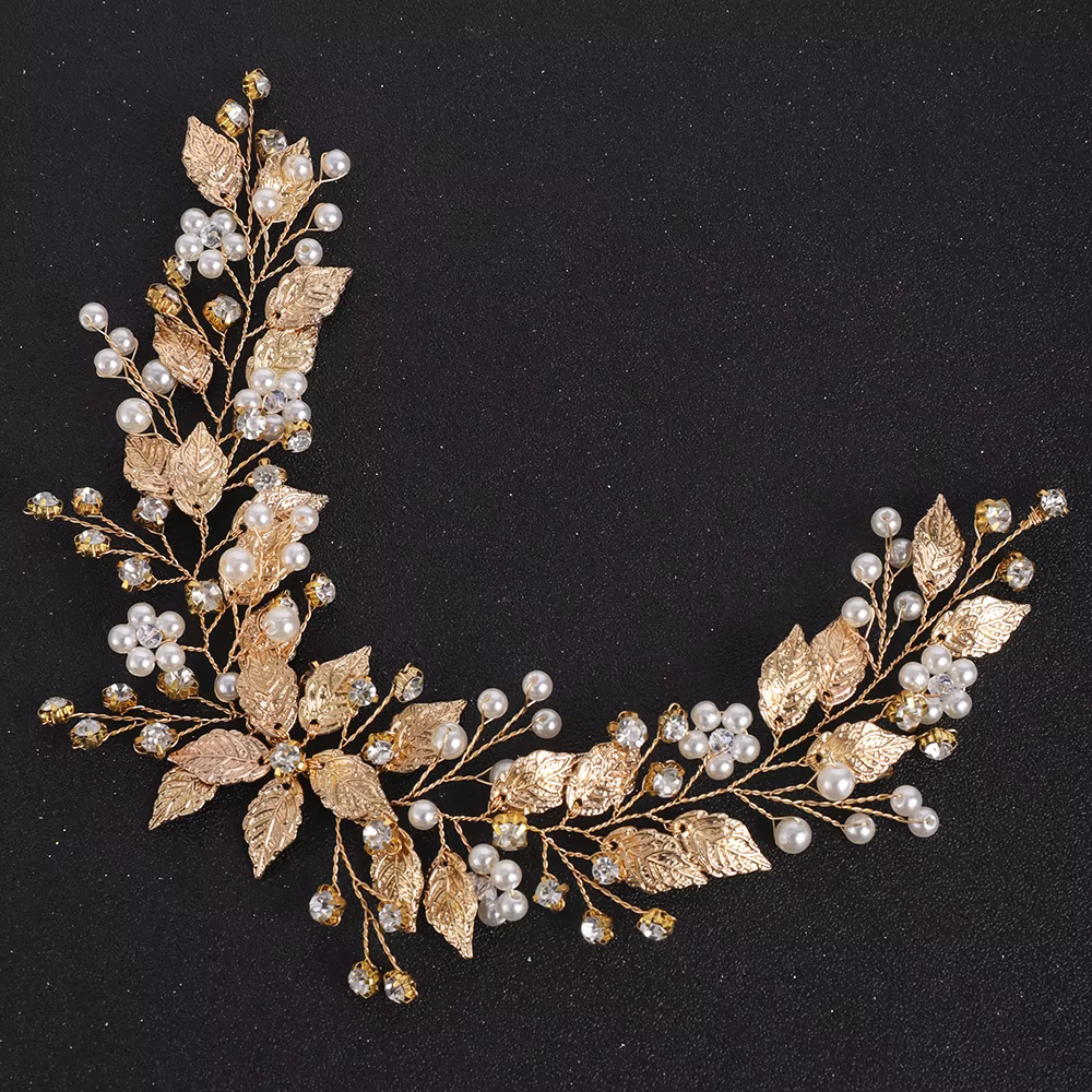 Bandeau de mariée en strass, feuilles d'or, perles de cristal, ornements de cheveux, couvre-chef pou