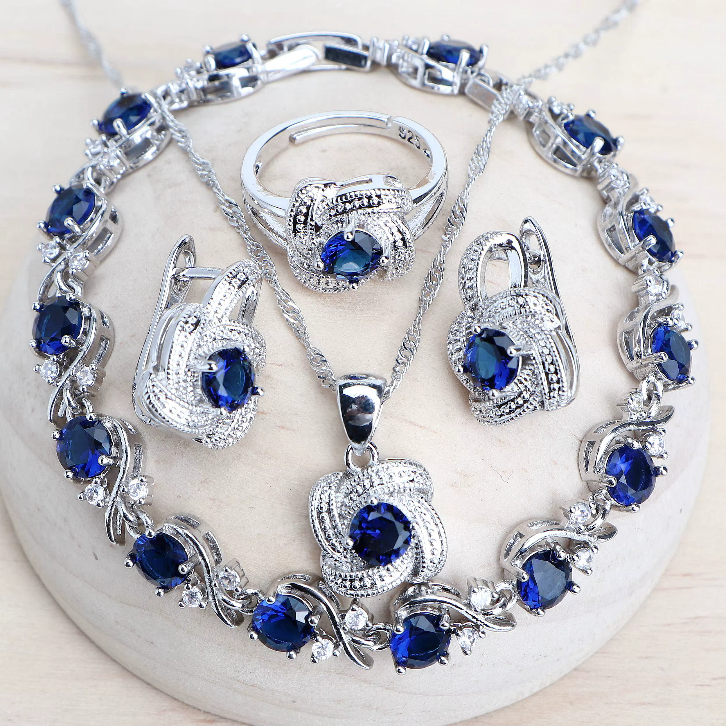 Ensembles de bijoux en zircon bleu pour femmes, en argent Sterling 925, Costume de mariage, bijoux, 