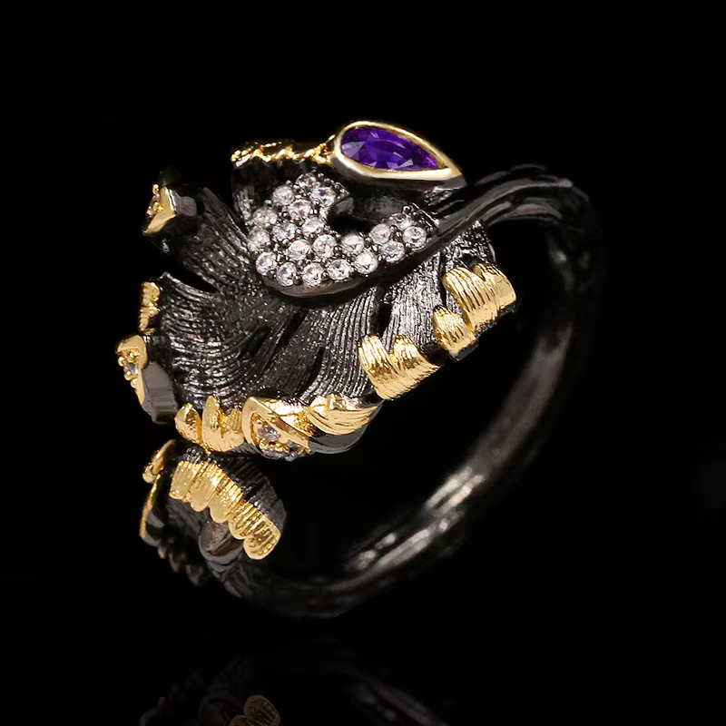 Bague de mariage en cristal noir translucide, bijou de luxe exagéré, avec feuilles ethniques, enroul