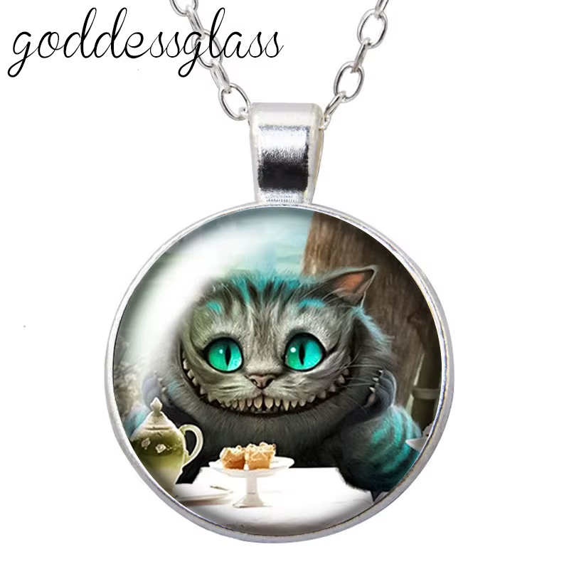 Horloge princesse Alice Cheshire chat lapin, verre rond, cabochon en verre, pendentif en cristal pla