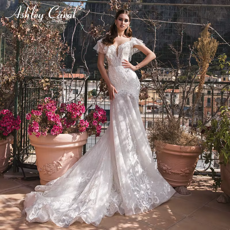 Ashley Carol-Robe de mariée sirène en dentelle, sexy, hors des patients initiés, appliques romantiqu
