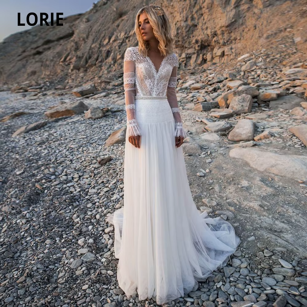 LORIE plage robes de mariée bohème col en V manches longues dentelle Appliques rêve robes de mariée 