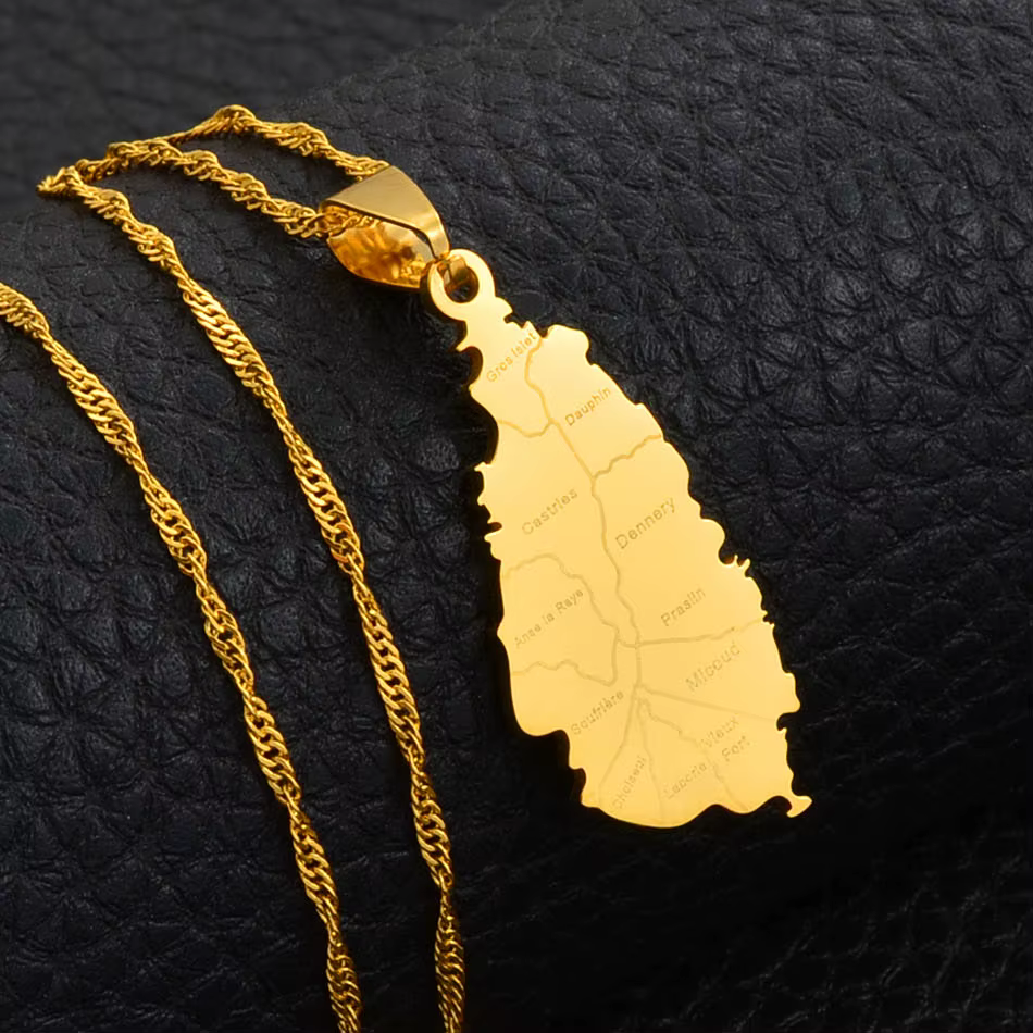 Collier Anniyo Saint Lucia avec pendentif carte des villes pour femme, bijoux couleur or, chaînes et