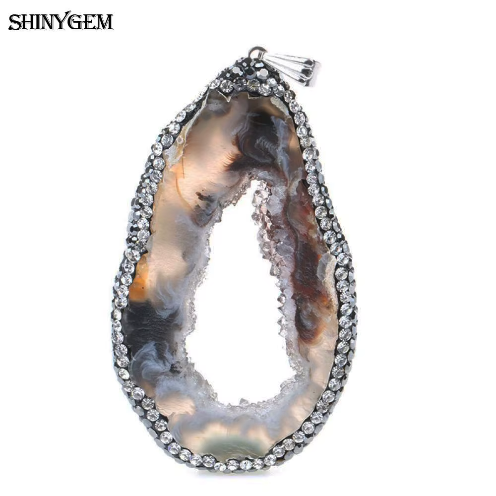 ShinyGem 20*40mm tranches d'agates aléatoires breloques incrustation strass minéraux géode pierres p