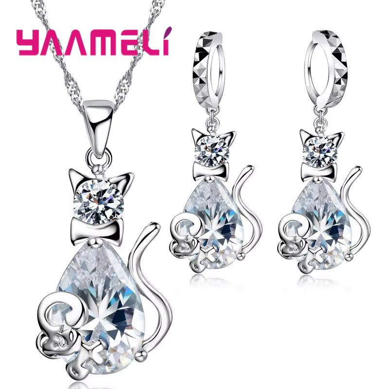 Ensemble de bijoux en argent regardé 925 pour filles, joli cadeau de Noël, pendentif chat mignon, co