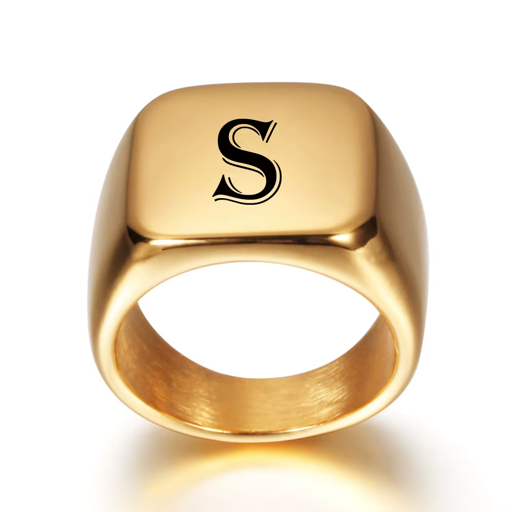 Signet en acier inoxydable avec gravure initiale personnalisée de l'alphabet de la A à Z, anneau uni