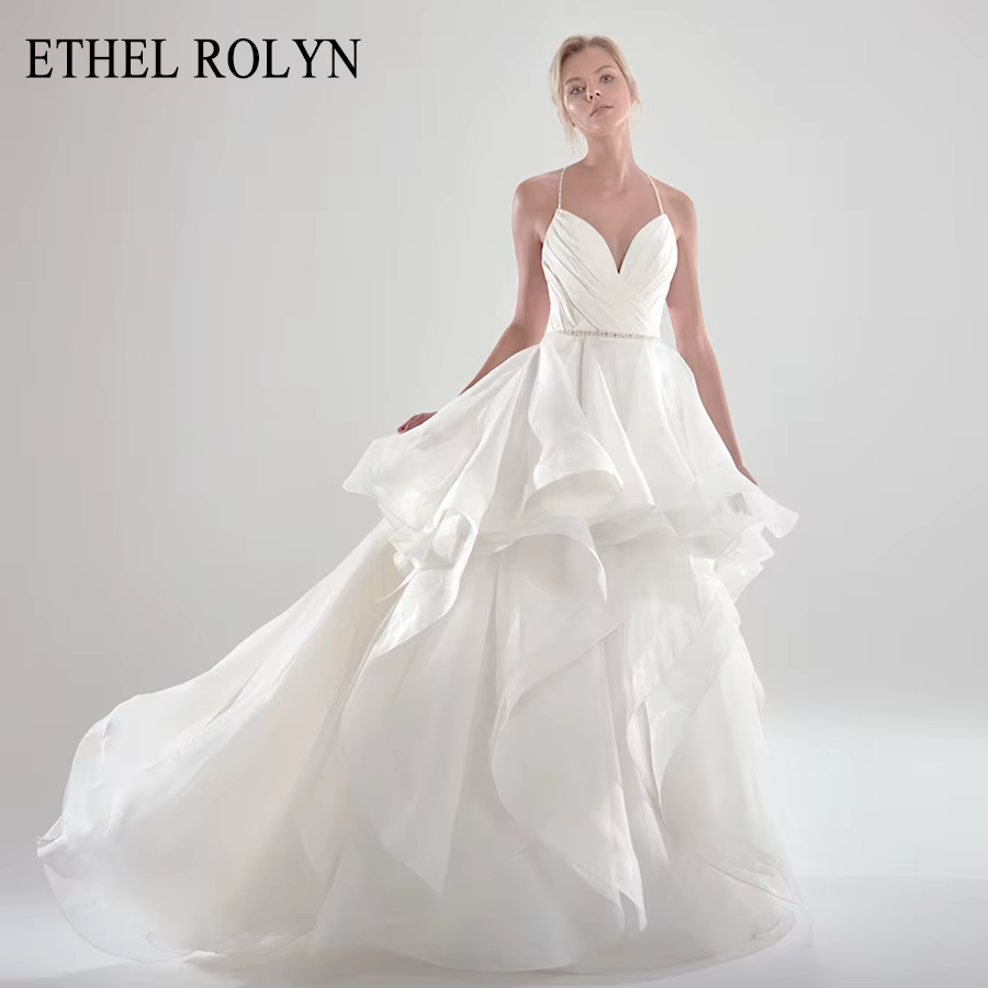 ETHEL ROCircN-Robe de Mariée Trapèze en Satin, Élégante, Dos aux, Perlée, Bretelles Spaghetti, Volan