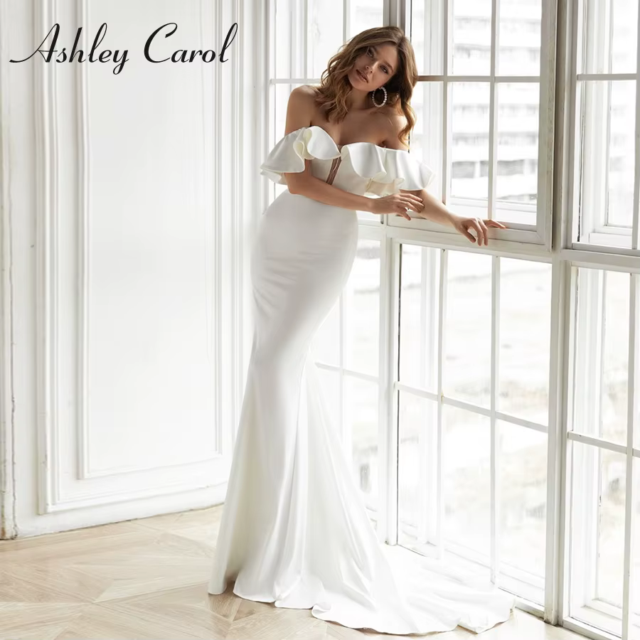 Ashley Carol robe De mariée sirène Satin volants mancherons chérie dentelle dos nu robes De mariée r