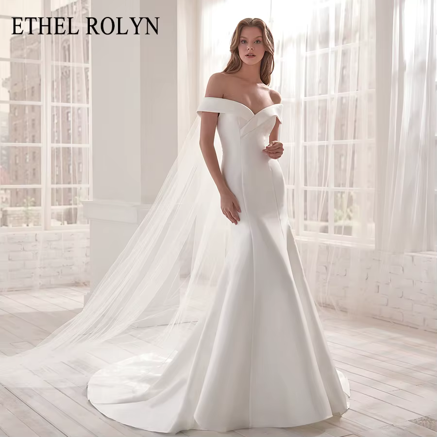 ETHEL ROLYN robe de mariée sirène chic froncé hors de l'épaule Satin mariée dos nu chérie chapelle T