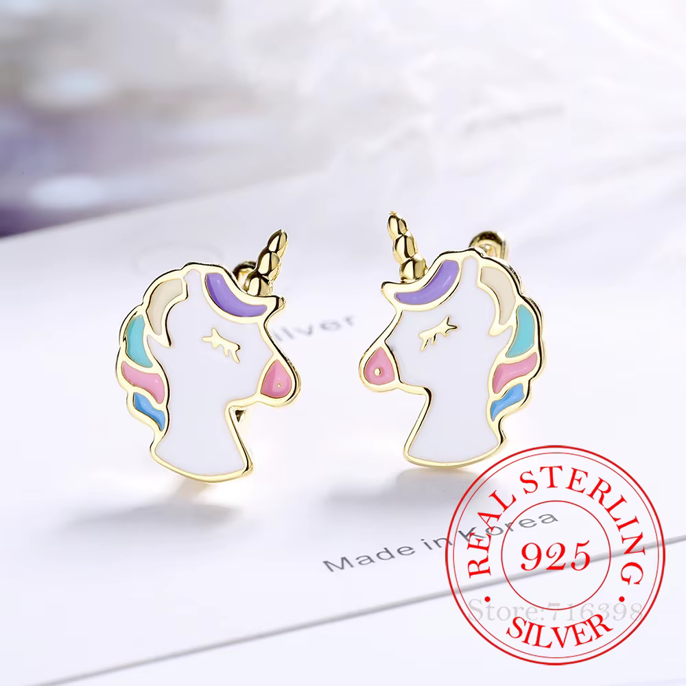 Boucles d'oreilles en argent Sterling 925 véritable, jolies boucles d'oreilles licorne pour dames et