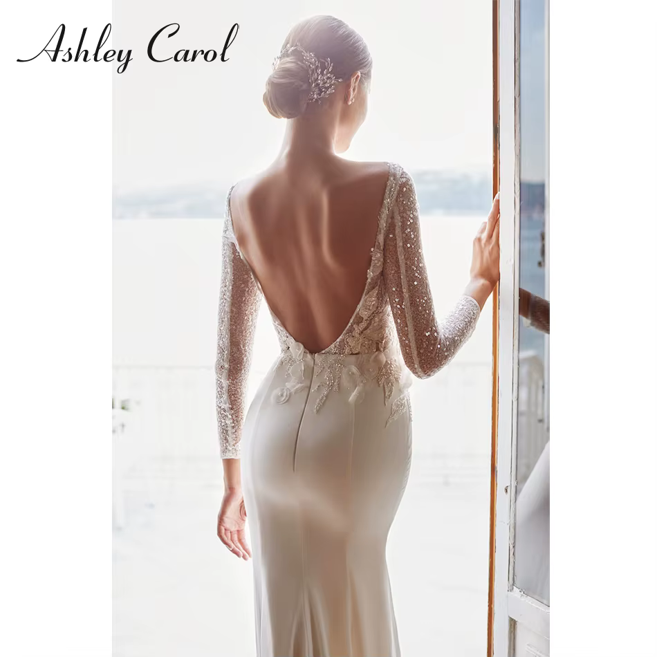 Ashley Carol-Robe de mariée trompent, sexy, irritation, col en V, broderie perlée, dos nu, mariée Ro