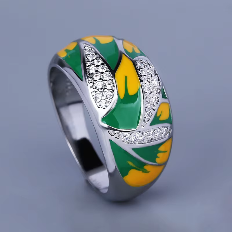 Bague classique en argent 925 pour femmes, anneau en Zircon, feuille, émail vert fait à la main, bij