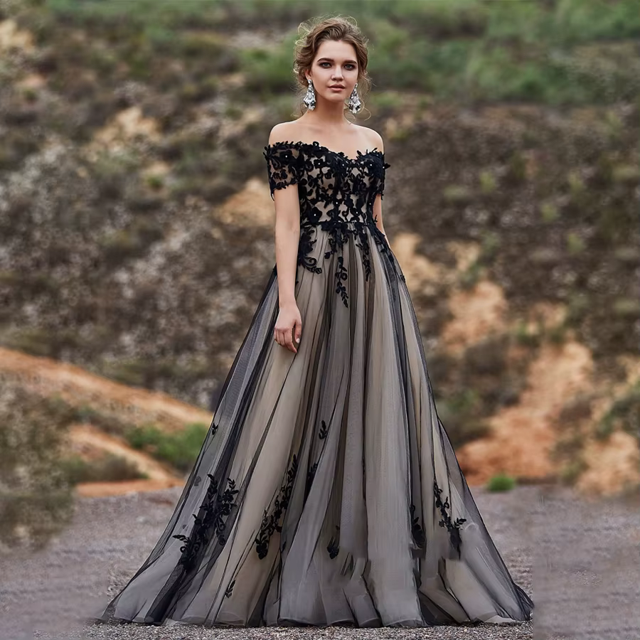 CitroA-Line-Robe de Mariée Noire à Manches Courtes avec Appliques en Dentelle, Vêtement Sexy pour Pa
