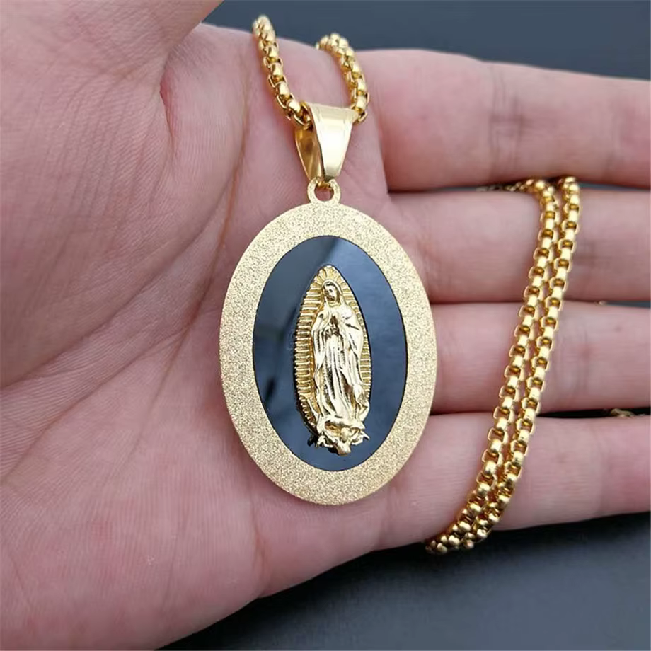 Pendentif Vierge Marie SION L en Acier Inoxydable pour Homme, Bijoux ChréKh, Collier Médaille Ovale 