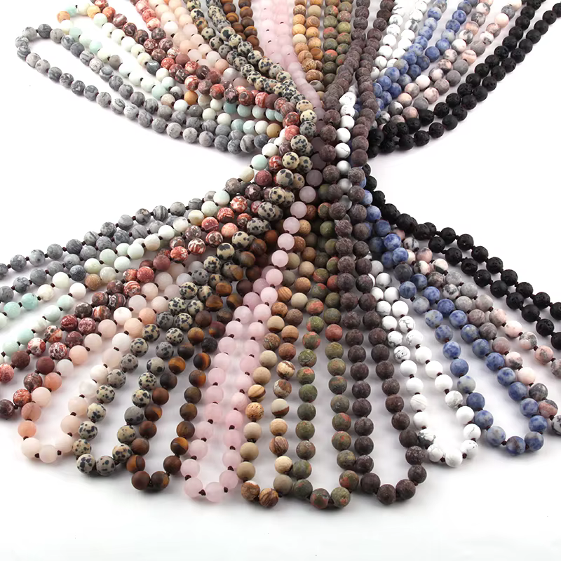 Bijoux fantaisie givrés 8MM pierres semi-précieuses mates, long collier noué