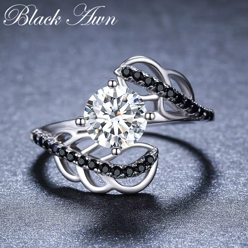 2019 nouvelle mode 925 en argent Sterling bijoux de fiançailles noir spinelle ronde bague de fiançai