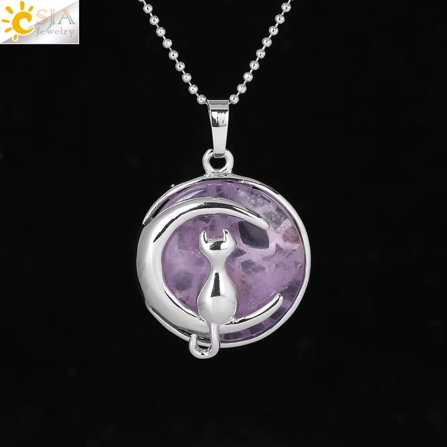 CSJA – collier chat sur lune en pierre naturelle pour femme, pendentifs de Suspension en cristal, br