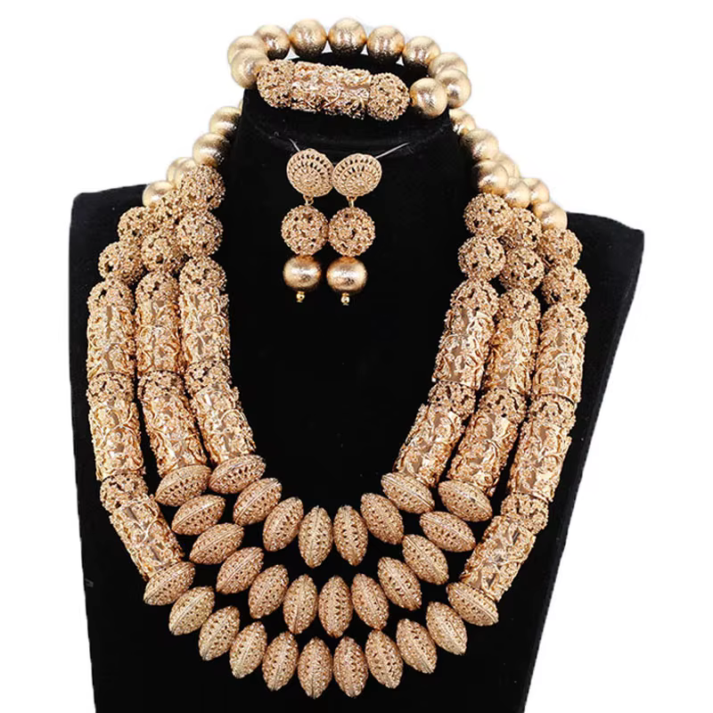 Ensemble de bijoux de luxe de dubaï, couleur or, grandes perles africaines de mariage nigérian, acce