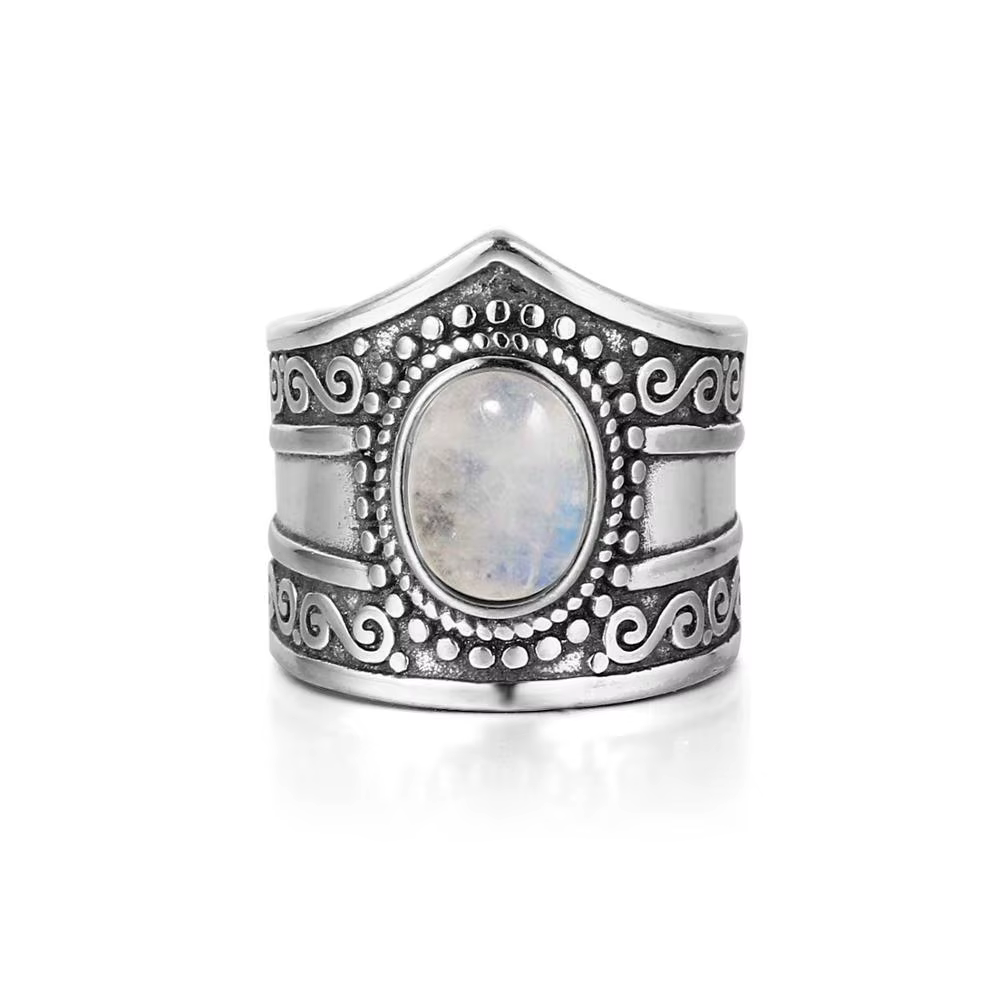 Bague Vintage en pierre de lune naturelle pour femmes, 7x9MM, grande pierre précieuse ovale, en arge
