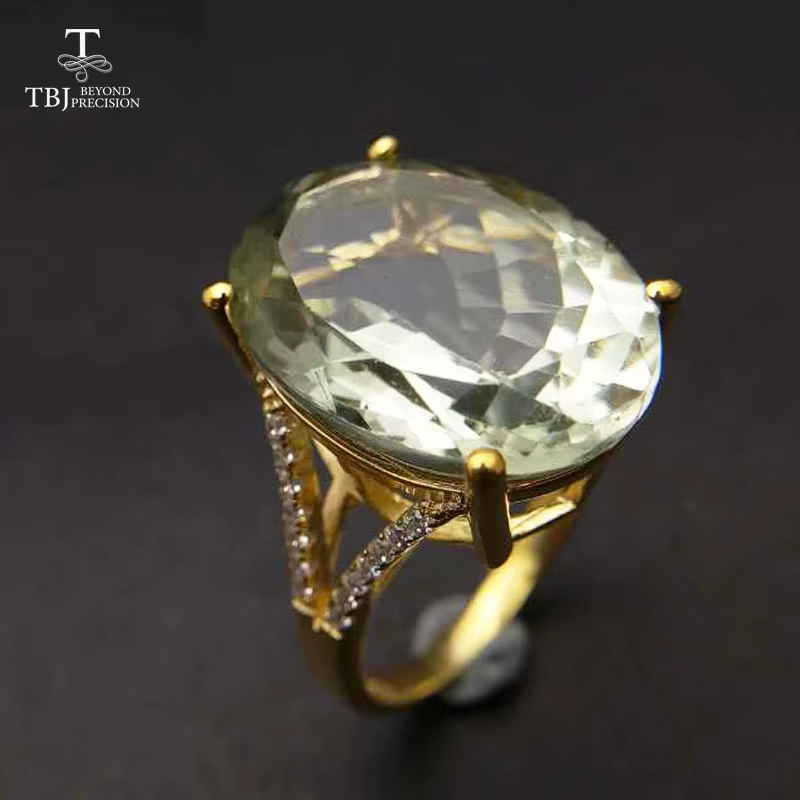 Bague en améthyste verte naturelle de grande taille, couleur or jaune, argent 925, bijoux pour fille