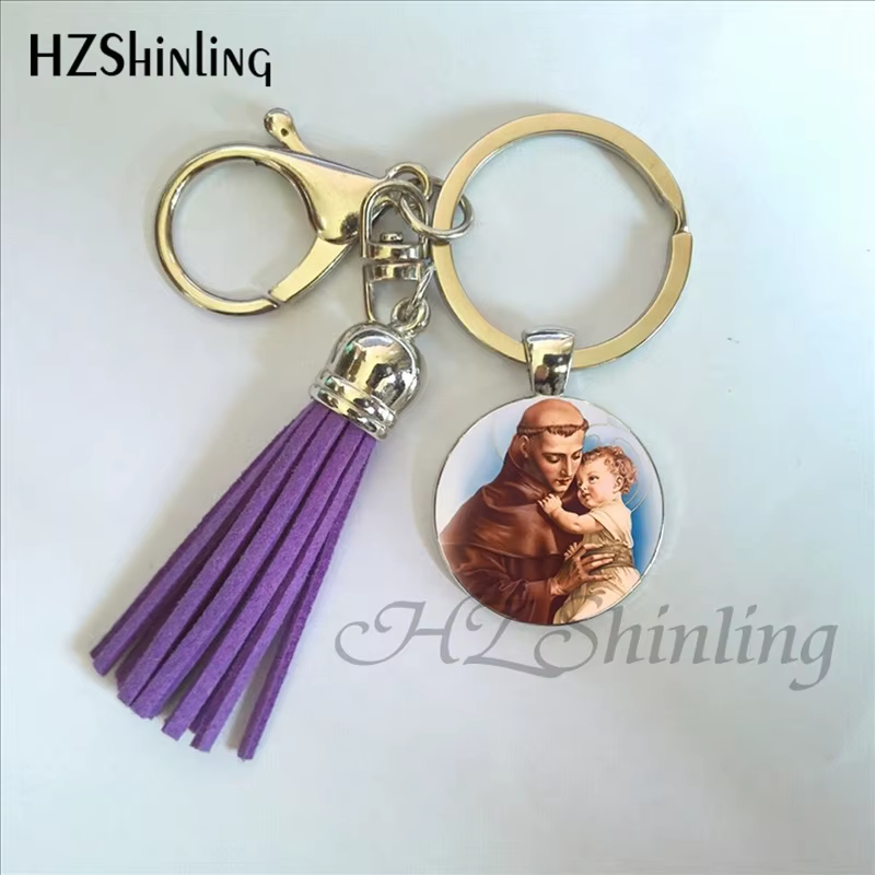 Porte-clés pendentif Saint Saint Anthony de Padoue, cabochon de bijoux, porte-clés pompon religieux,