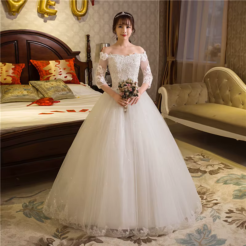Robe de mariée en dentelle sexy pour filles, robe à demi-manches, col bateau doux, princesse initiée