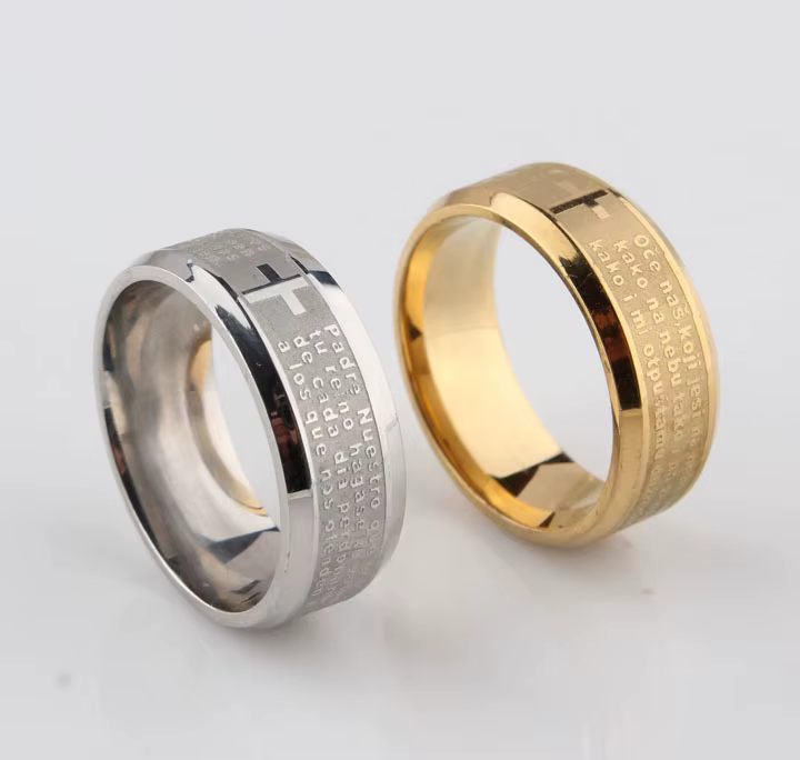 Bague Bible en acier inoxydable pour père, prière, Padre Nuestro, anneaux croisés, 8mm, bijoux pour 