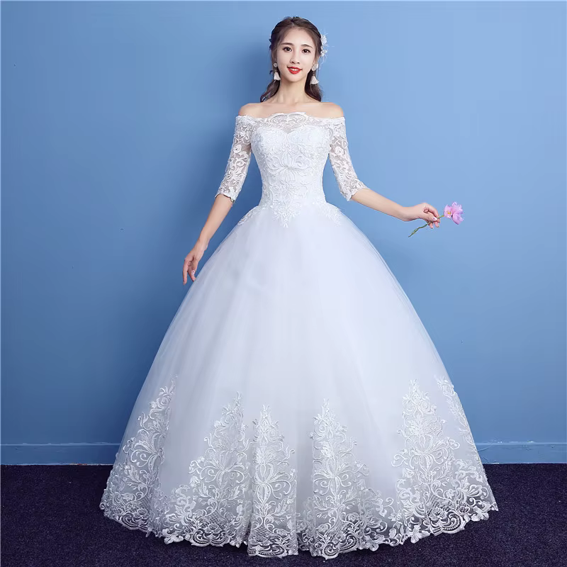Y & M Novias blanc demi manches robe De mariée dentelle Appliques robe De bal robes De mariée robe D