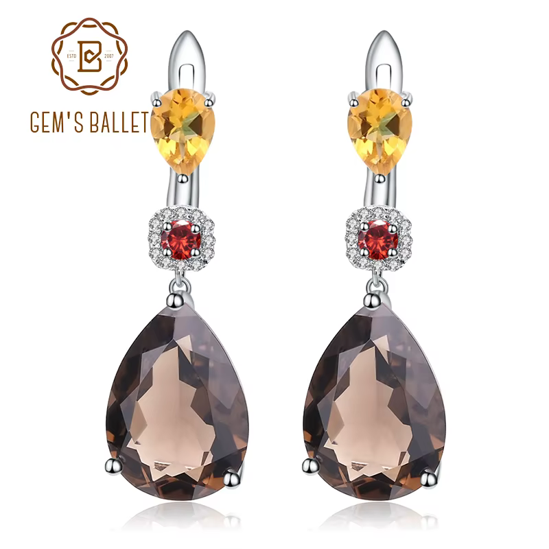 GEM'S BALLET MixGemstones naturel fumé Quartz Citrine grenat boucles d'oreilles 925 en argent Sterli
