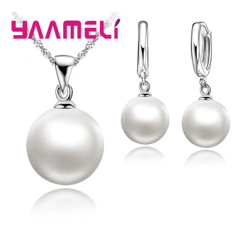 Ensemble de bijoux de mariage lisses pour femmes, en argent Sterling 925, collier de perles, boucles