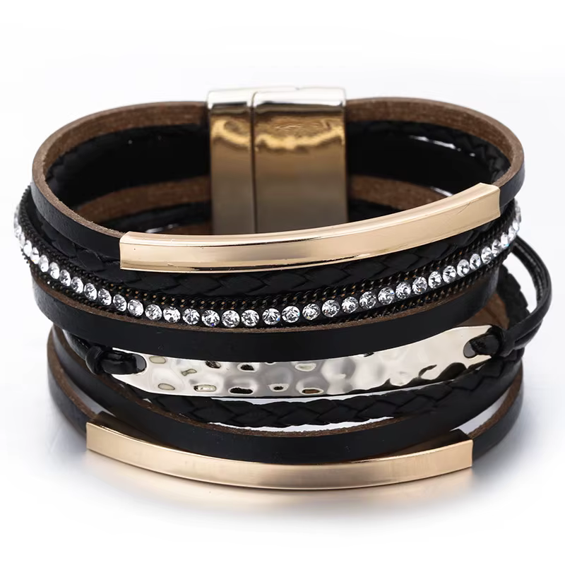 ALLYES Bracelet en cuir multicouche pour hommes breloque de barre en métal tressé noir large envelop