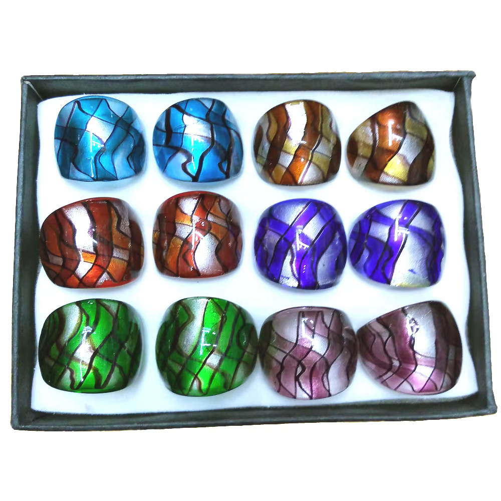 Bagues en verre de Murano en feuille d'argent, conception de ruban, document mixte, lot de 12 pièces