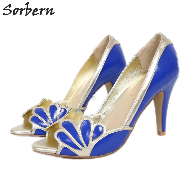 Sorbern – chaussures de mariage à talons hauts bleu Royal, escarpins de mariée à bretelles dorées, t