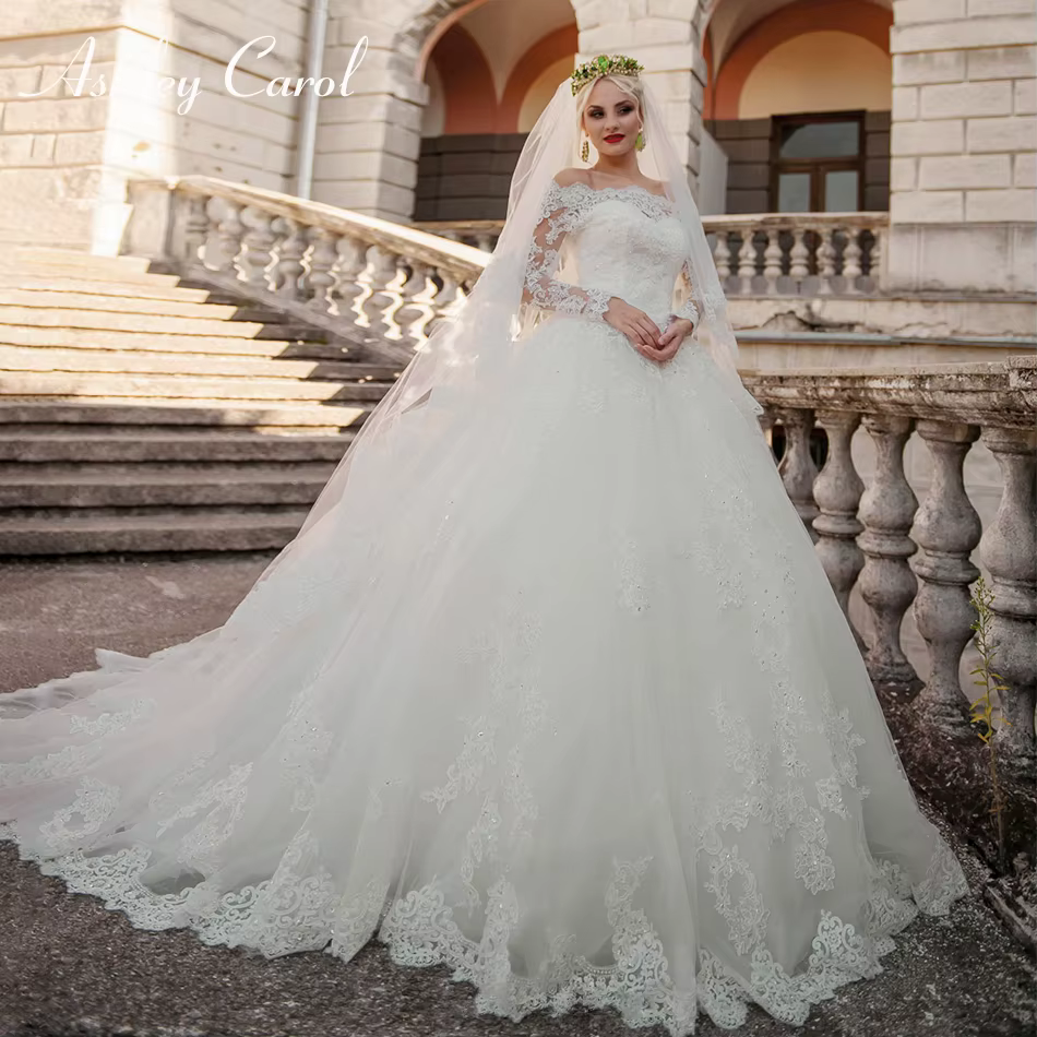 Ashley Carol-Robe de mariée à manches longues, robe de Rh, col bateau, vintage, luxe, sexy, élégante